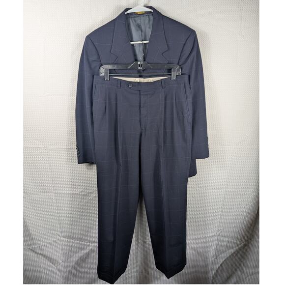 Evan Picone 40S Wool Suit Navy Windowpane Two Piece Made in USA Vintage 80s - Picture 1 of 8